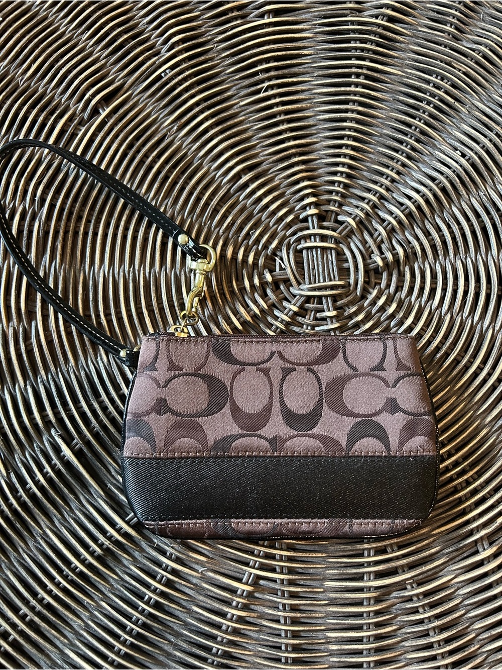 Coach Brown Signature Logo Wristlet with Black Trim